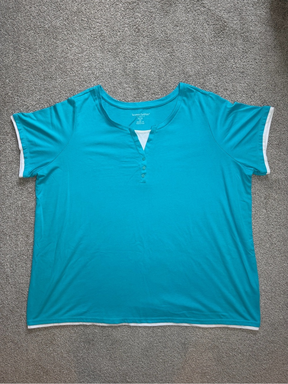 Woman Within Turquoise Short Sleeve Henley with White Trim